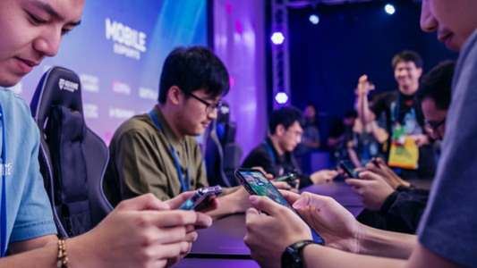 Players in a mobile esports tournament intensely gaming on smartphones