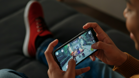 Gamer playing action game on smartphone