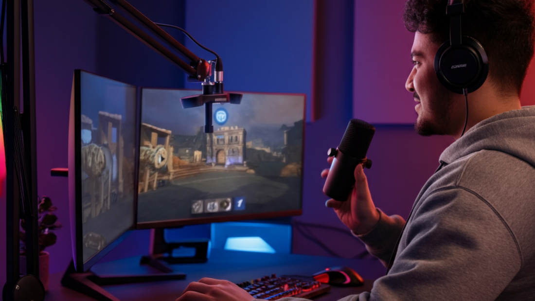 Streamer hosting gameplay while holding a microphone