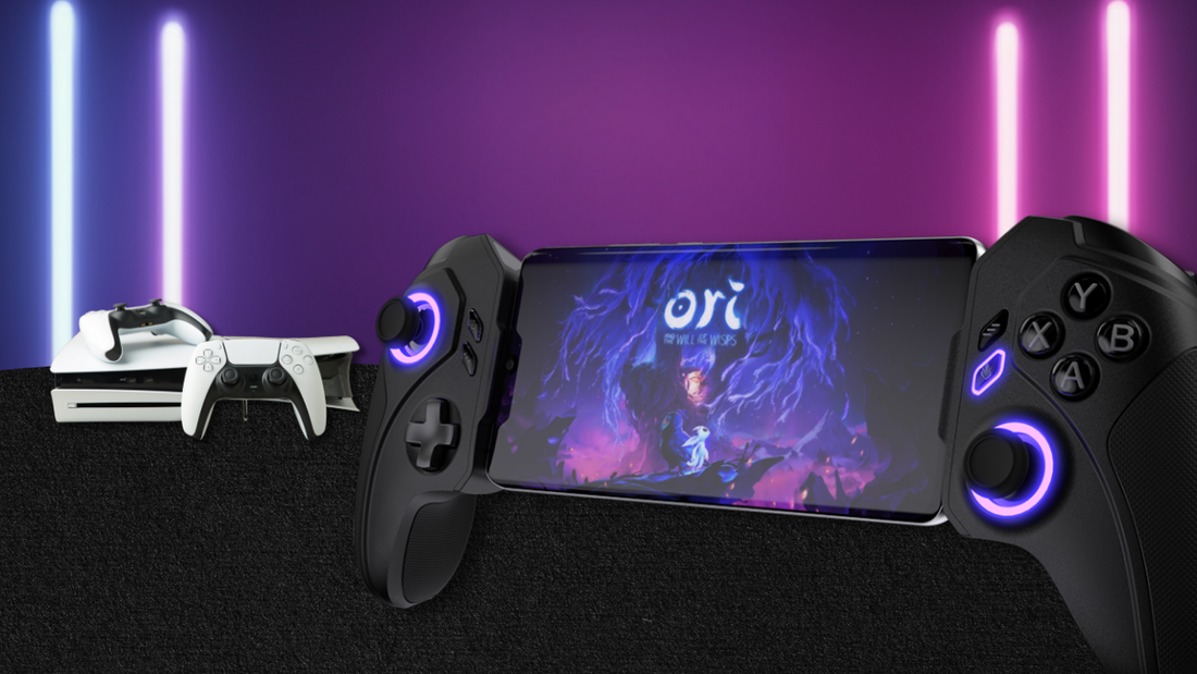 ELO Vagabond Mobile Gaming Controller with PlayStation consoles in the background.