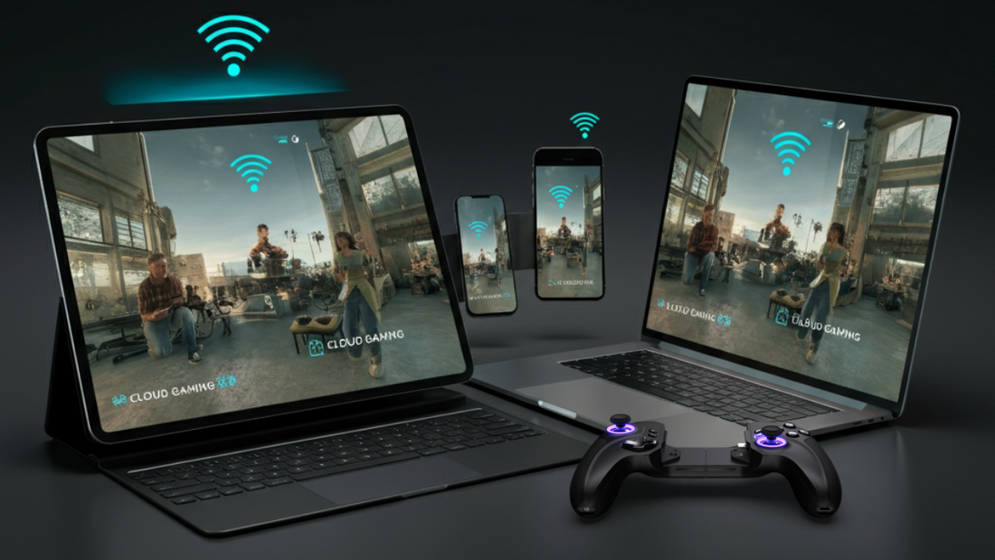 Cloud gaming setup with laptops, tablets, and phones. featuring the ELO Vagabond Mobile Gaming Controller