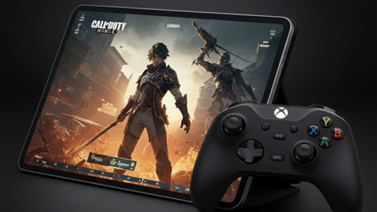 Call of Duty: Mobile on an iPad with an Xbox controller next to it
