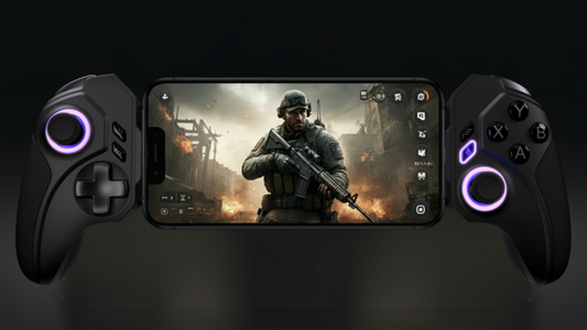 ELO Vagabond Mobile Gaming Controller attached to smartphone playing a military shooter game