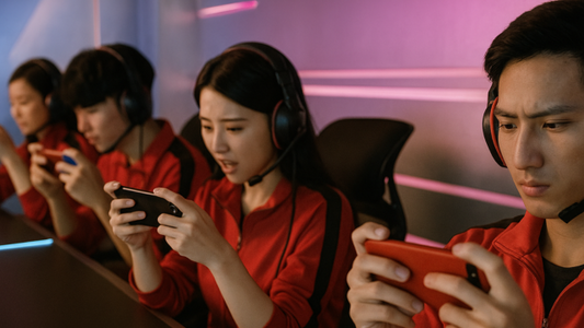 Professionals playing games on their phone using touchscreen