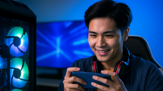 Smiling gamer playing mobile game in front of PC setup.