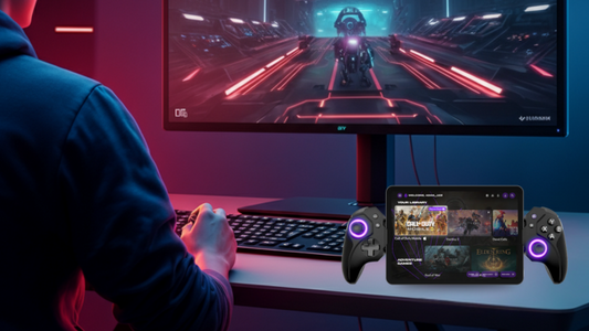ELO Vagabond Mobile Gaming Controller on a gaming desk setup