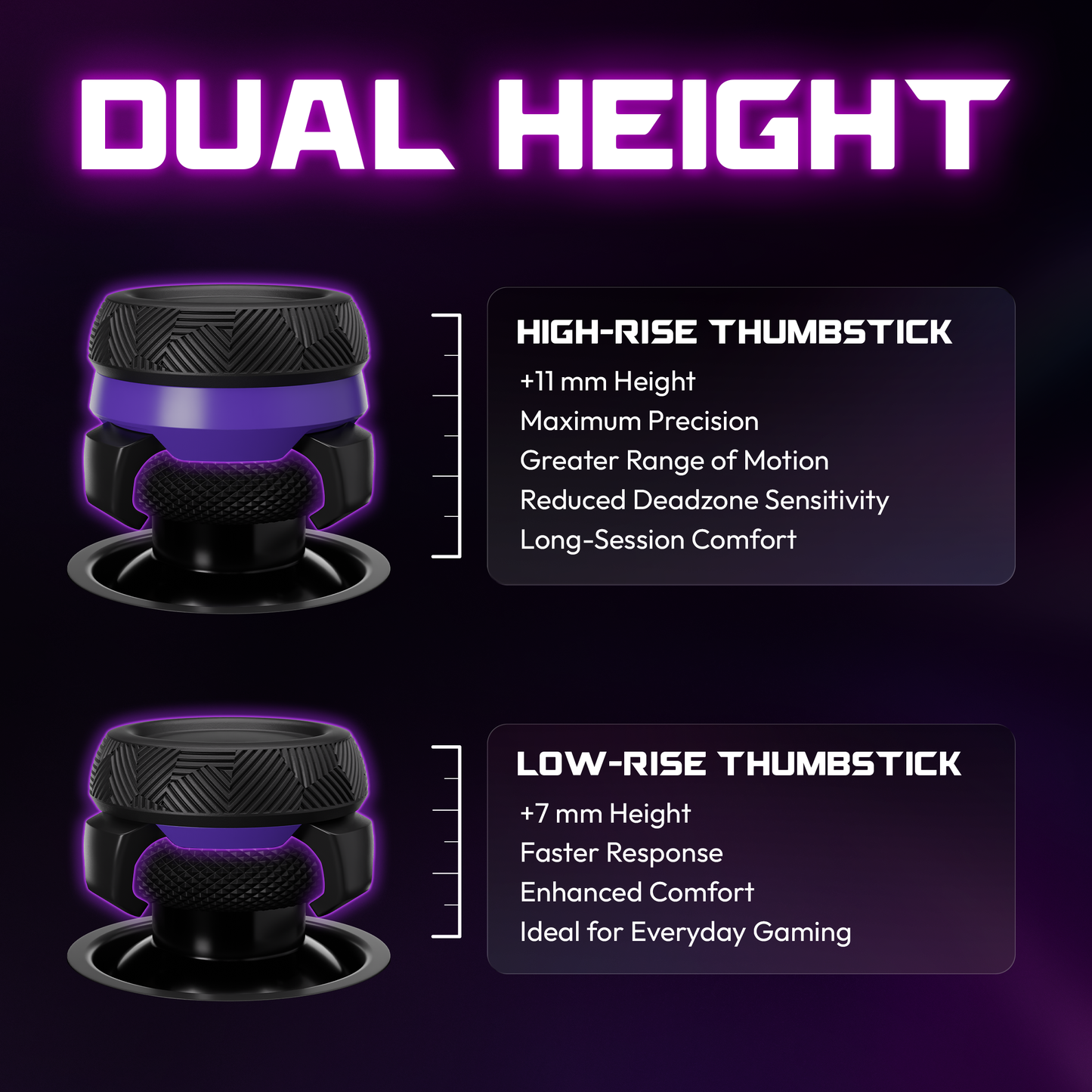 ELO Ascend dual height thumbstick system — High-Rise +11mm for maximum precision and greater range of motion, Low-Rise +7mm for faster response and everyday gaming