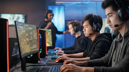 Esports team training together in a competitive gaming session