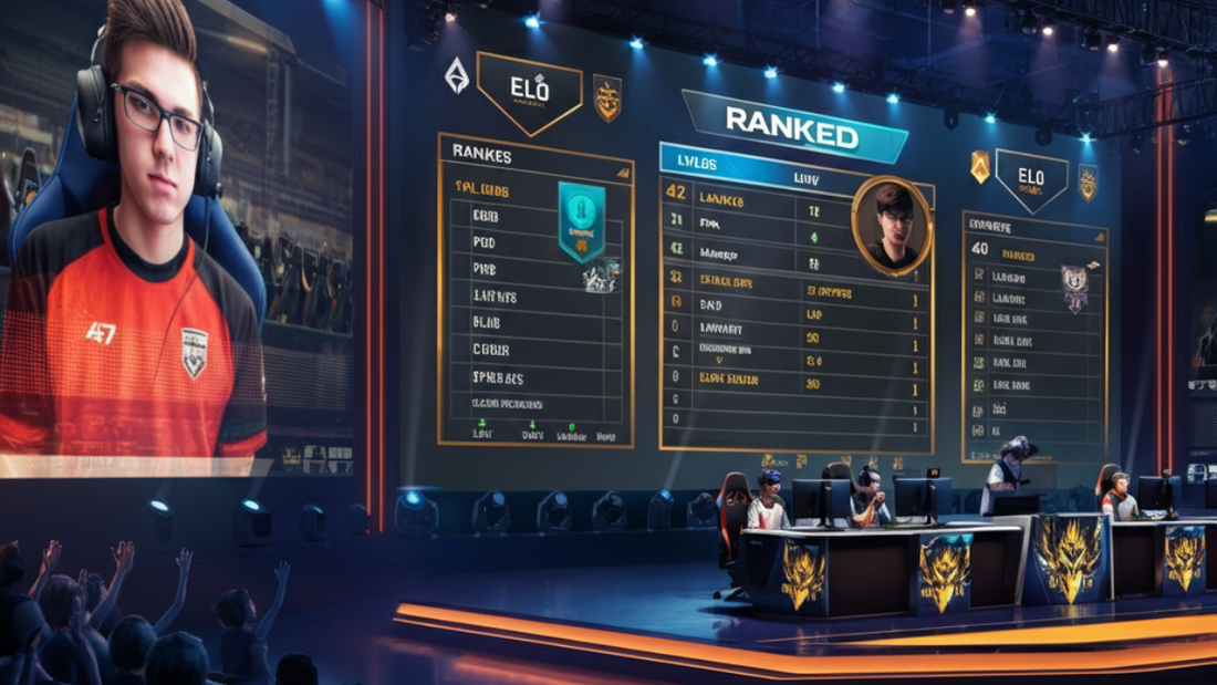 Esports players competing on stage with ELO rankings displayed