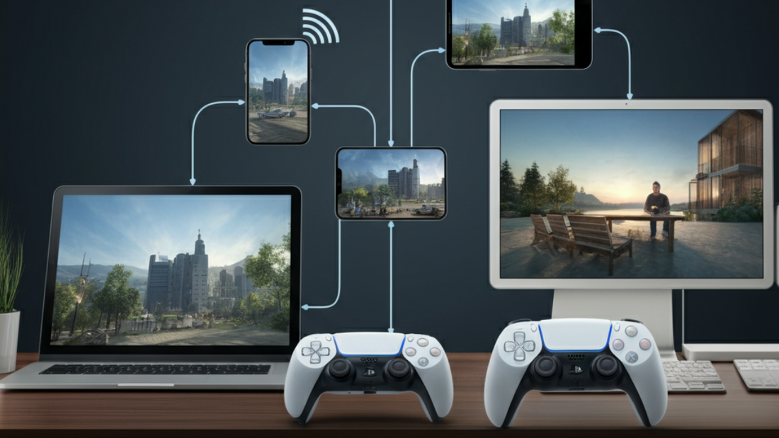 PS5 remote play connected to multiple devices including phone, tablet, laptop, and monitor.