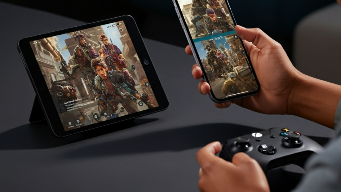 Gamer using Xbox Remote Play with a controller, iPhone, and iPad