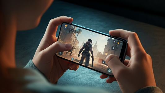 Hands holding a phone while playing a third-person shooter mobile game