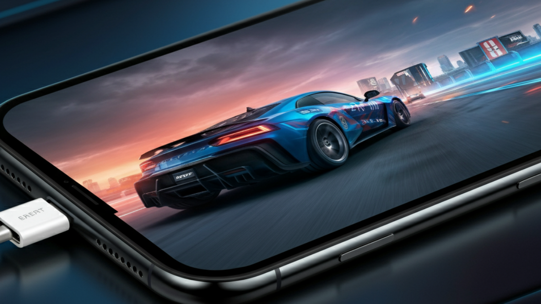 iPhone 15 screen showing a racing game in action