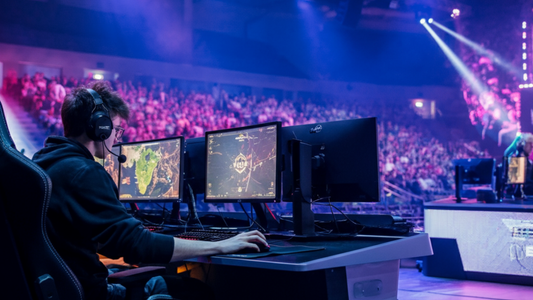Esports player at PC during live tournament with audience in background