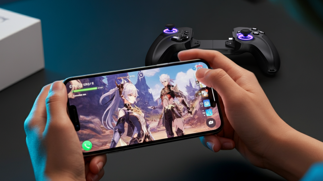 Gamer playing Genshin Impact, with the ELO Vagabond Mobile Gaming Controller placed nearby
