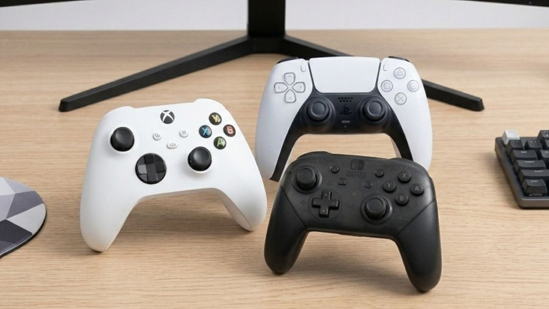 An Xbox, PlayStation 5, and Nintendo Switch Pro Controller