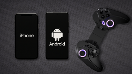 ELO Vagabond Mobile Gaming Controller beside iPhone and Android phones