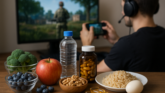 Gamer playing on phone with healthy food and supplements nearby