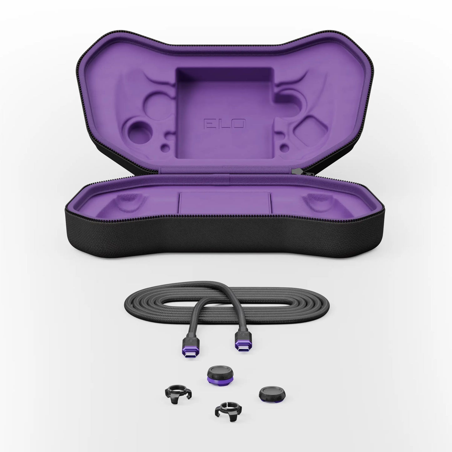 An open protective hard carrying case with a purple interior and black exterior, shown with a coiled black cable and several small black accessories on a light gray background. The embossed logo on the case reads ELO.