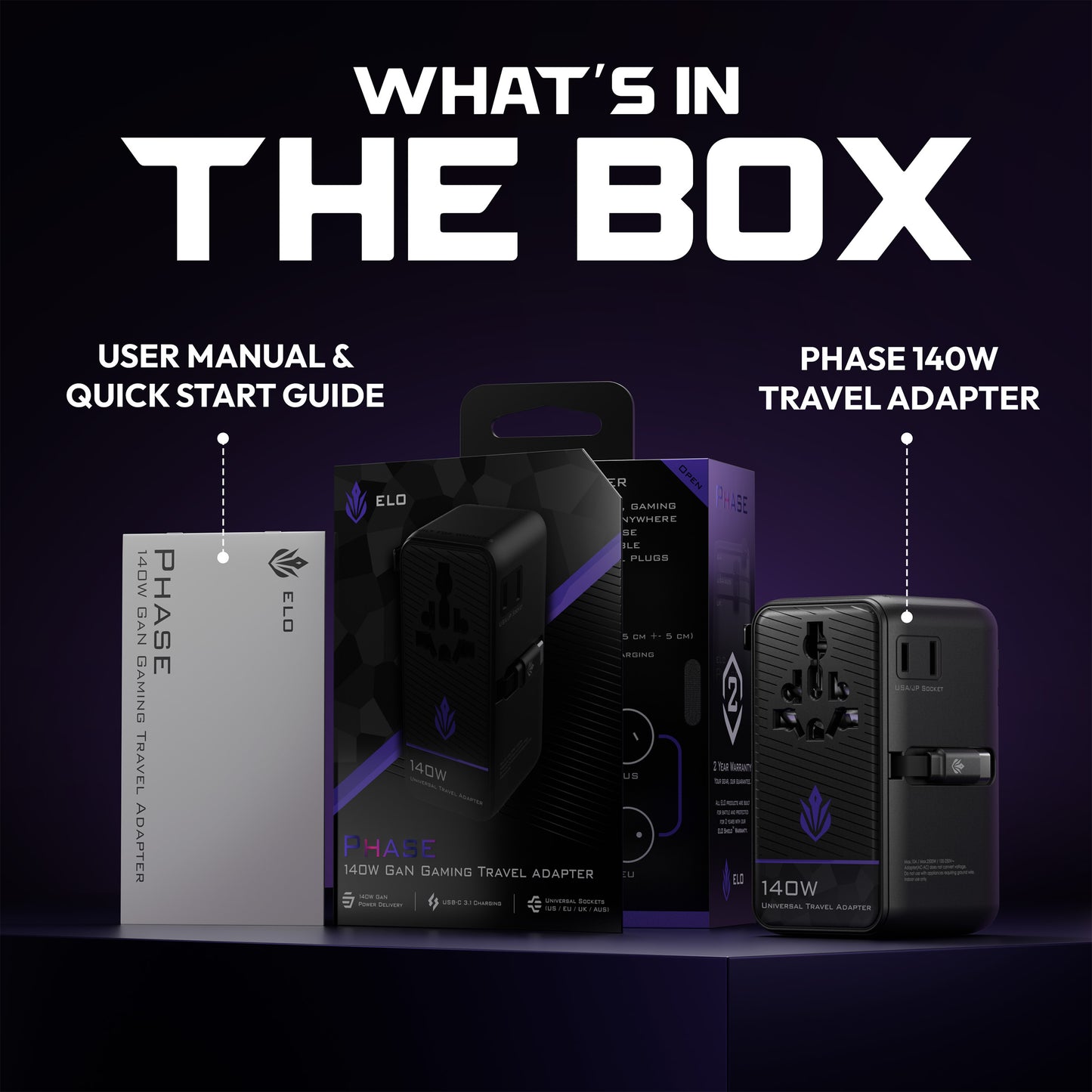ELO Phase 140W GaN Universal Gaming Travel Adapter | Power Delivery Fast Charger, 6-Port International with Surge Protection for US EU UK AU