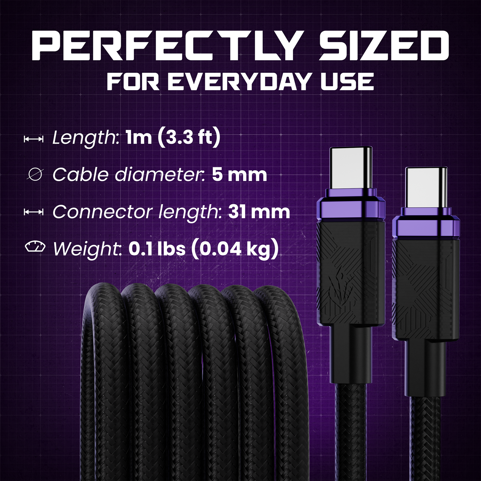 Black cable with specifications on a purple background