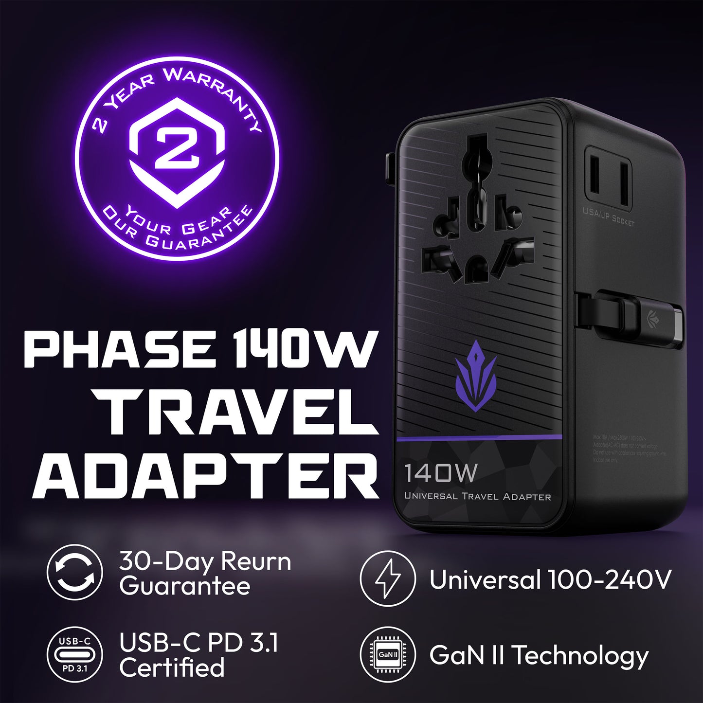 ELO Phase 140W GaN travel adapter port layout showing 4 USB-C and 2 USB-A ports with wattage labels and warranty
