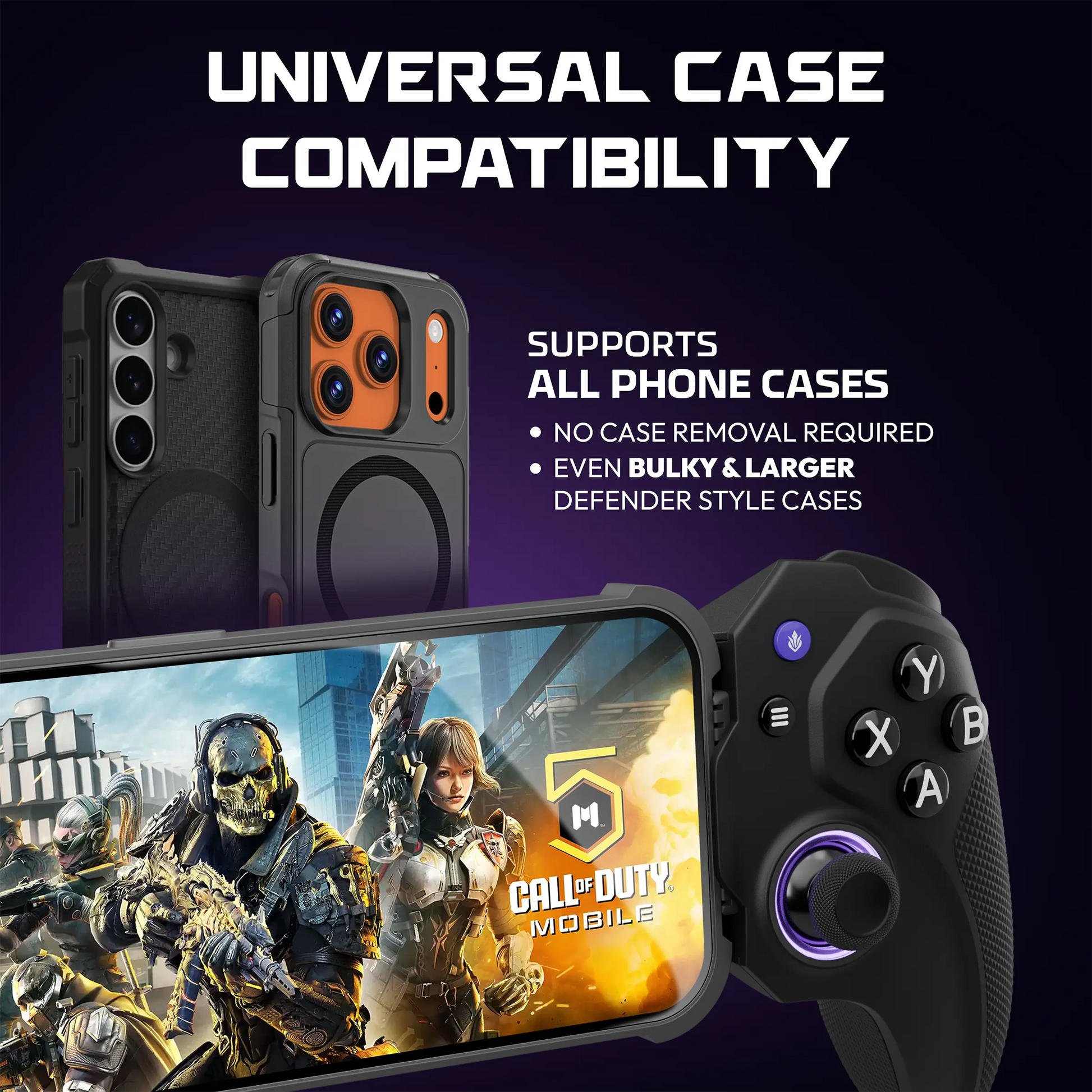 ELO Vagabond gamepad universal case compatibility — supports all phone cases including bulky Defender-style cases, shown with Call of Duty Mobile