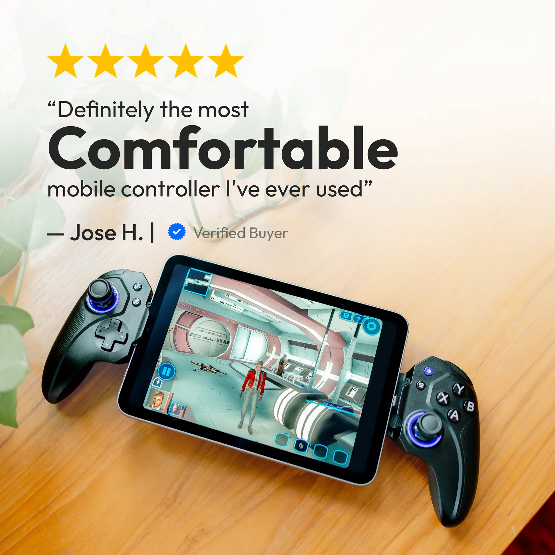 ELO Vagabond mobile gaming controller 5-star customer review — most comfortable mobile controller, shown with iPad Mini gaming