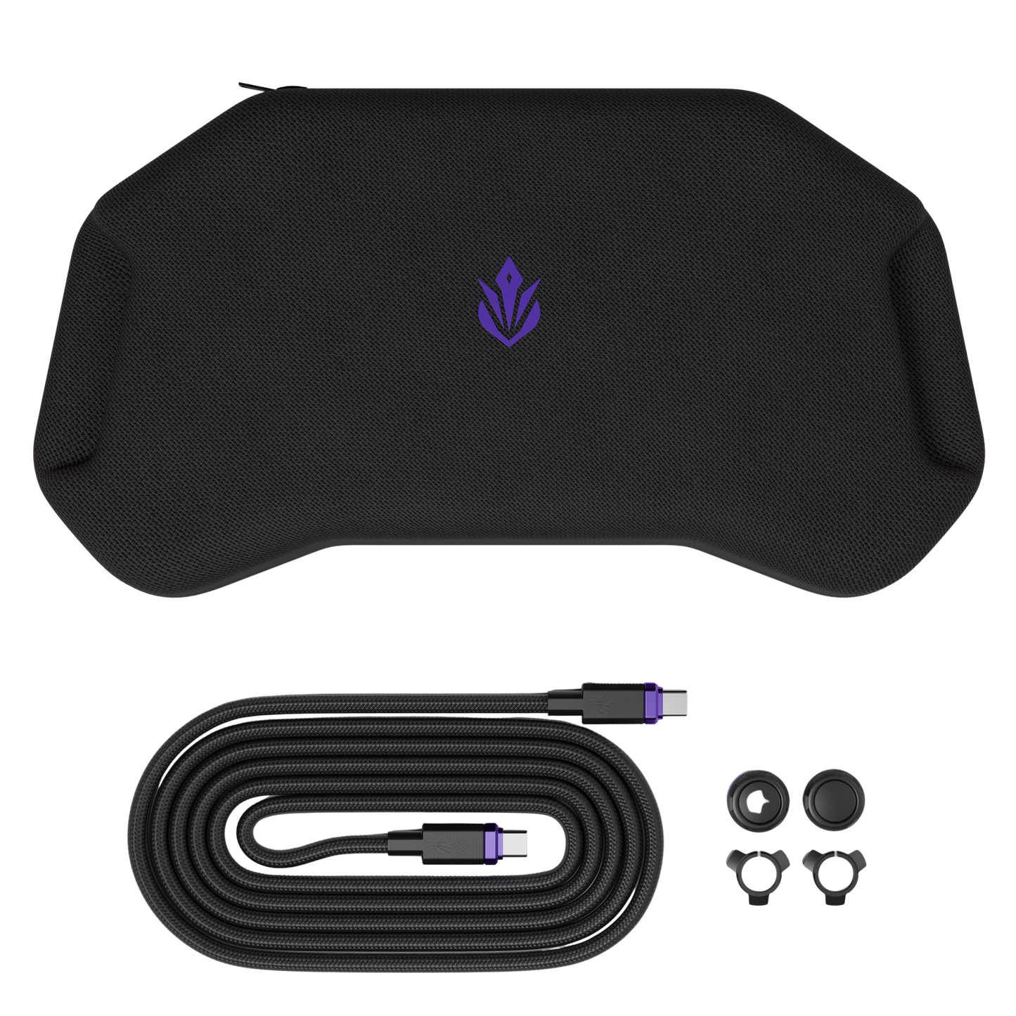 Black textured protective phone case with a purple logo, shown with a matching black USB-C cable, two black silicone ear tips, and two black mounting loops on a white background.