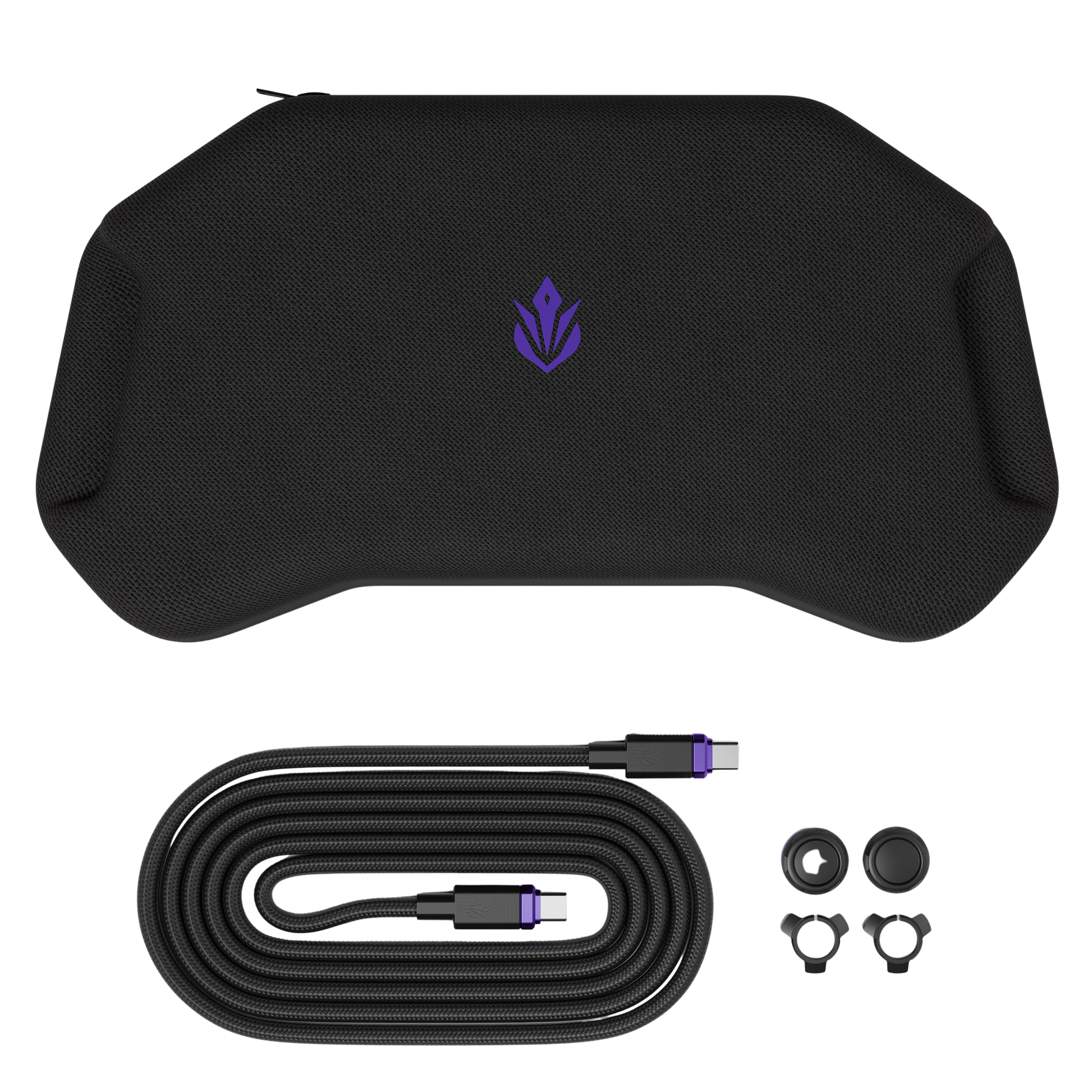 Black textured protective phone case with a purple logo, shown with a matching black USB-C cable, two black silicone ear tips, and two black mounting loops on a white background.
