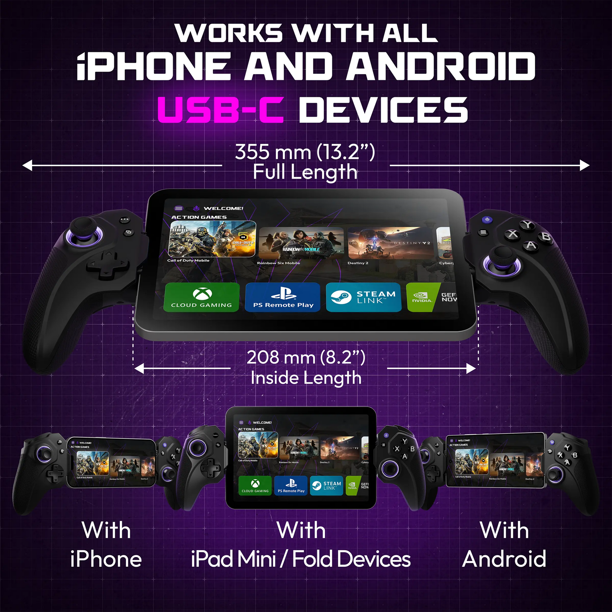 ELO Vagabond gamepad compatibility chart showing 355mm full length, works with iPhone, iPad Mini, fold devices, and Android via USB-C