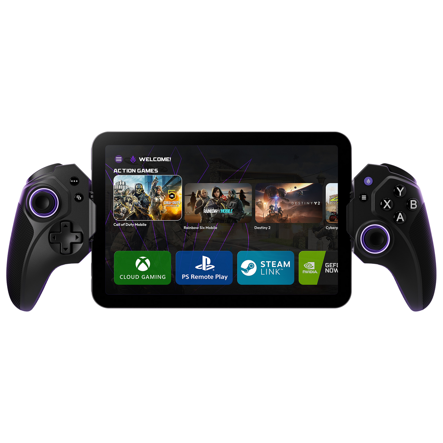 ELO Vagabond USB-C mobile gaming controller attached to iPad Mini showing cloud gaming and action game library