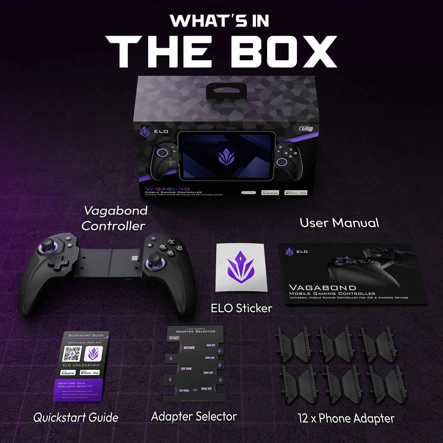 ELO Vagabond what's in the box — controller, user manual, ELO sticker, quickstart guide, adapter selector, and 12 phone adapters