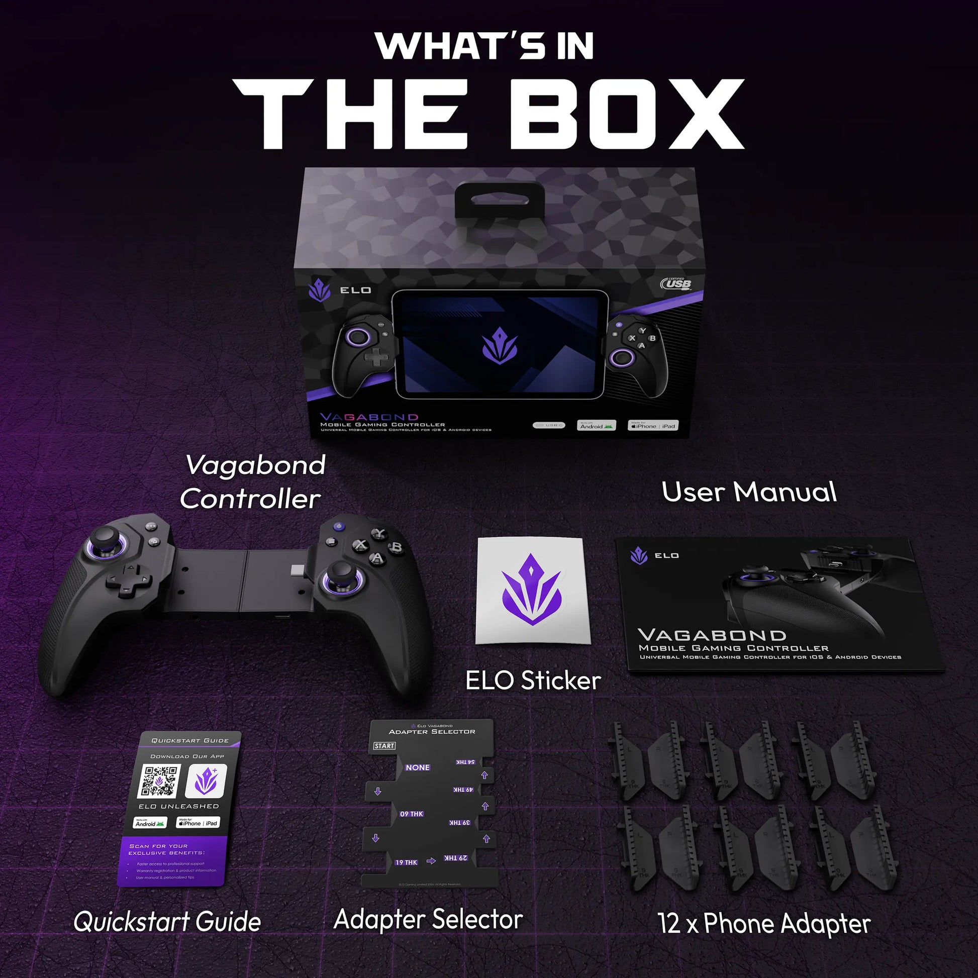 ELO Vagabond what's in the box — controller, user manual, ELO sticker, quickstart guide, adapter selector, and 12 phone adapters