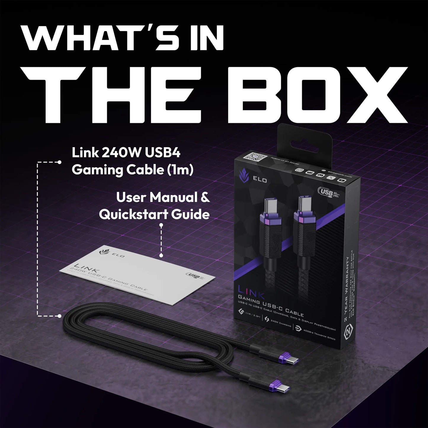 ELO Link 240W USB-C to USB-C Type C Cable | Durable Ultra High-Speed USB4 40Gbps Gaming, 8K Video, Thunderbolt 4 & PD 3.2 Fast Charging | 1 Meter
