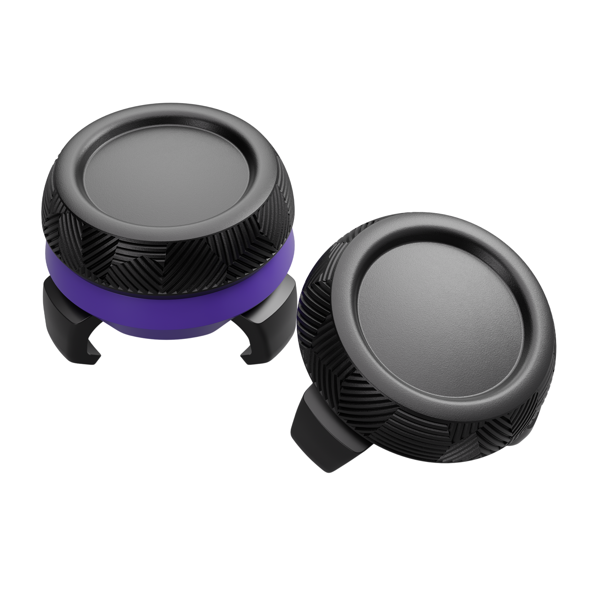 ELO Ascend Pro Gaming Thumbsticks hero shot — pair of black and purple analog stick grips on dark background
