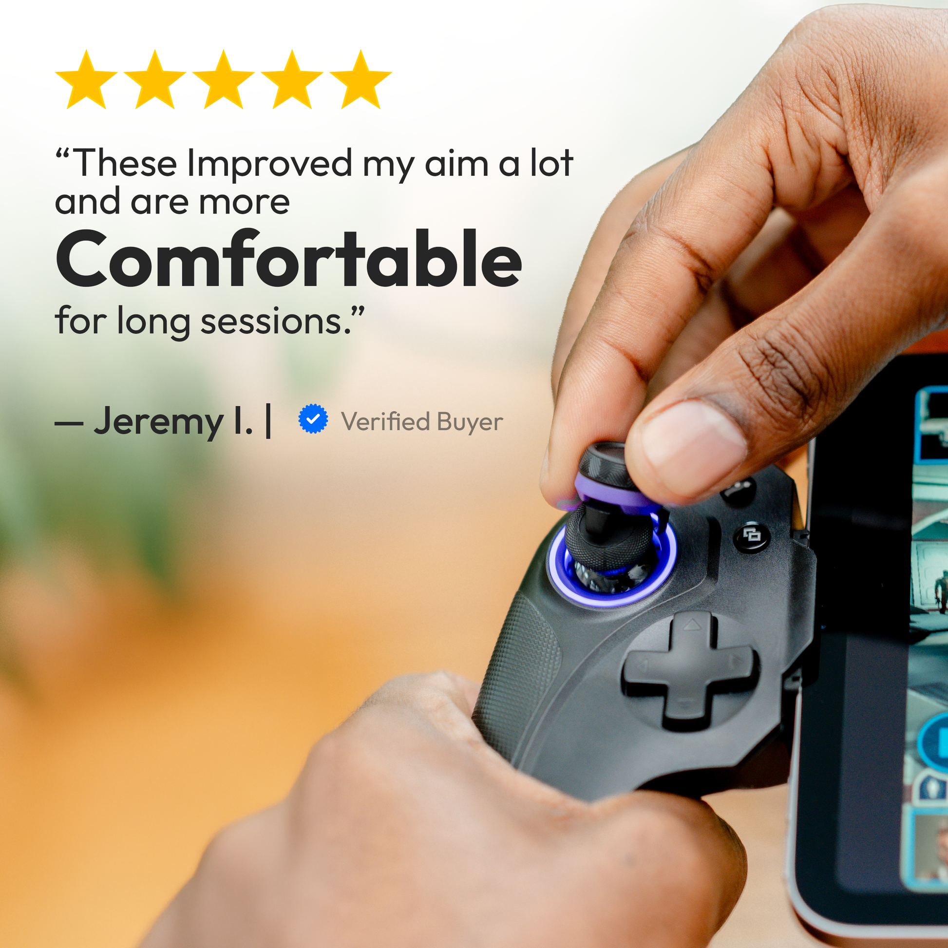 5-star verified buyer review of ELO Ascend thumbsticks — these improved my aim a lot and are more comfortable for long sessions, shown installed on mobile gaming controller
