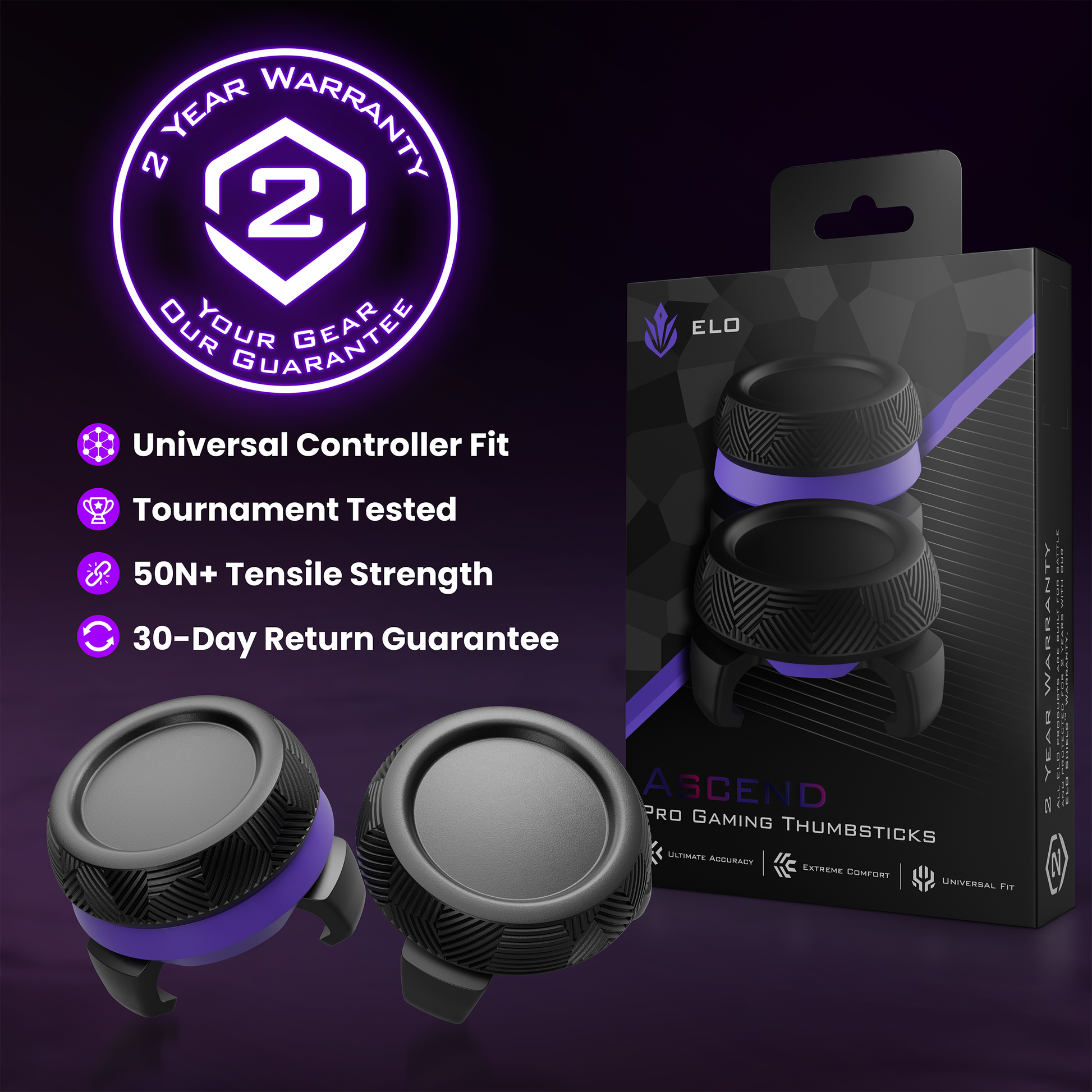 ELO Ascend Pro thumbsticks with retail box — 2-year warranty, universal controller fit, tournament tested, 50N+ tensile strength, 30-day return guarantee