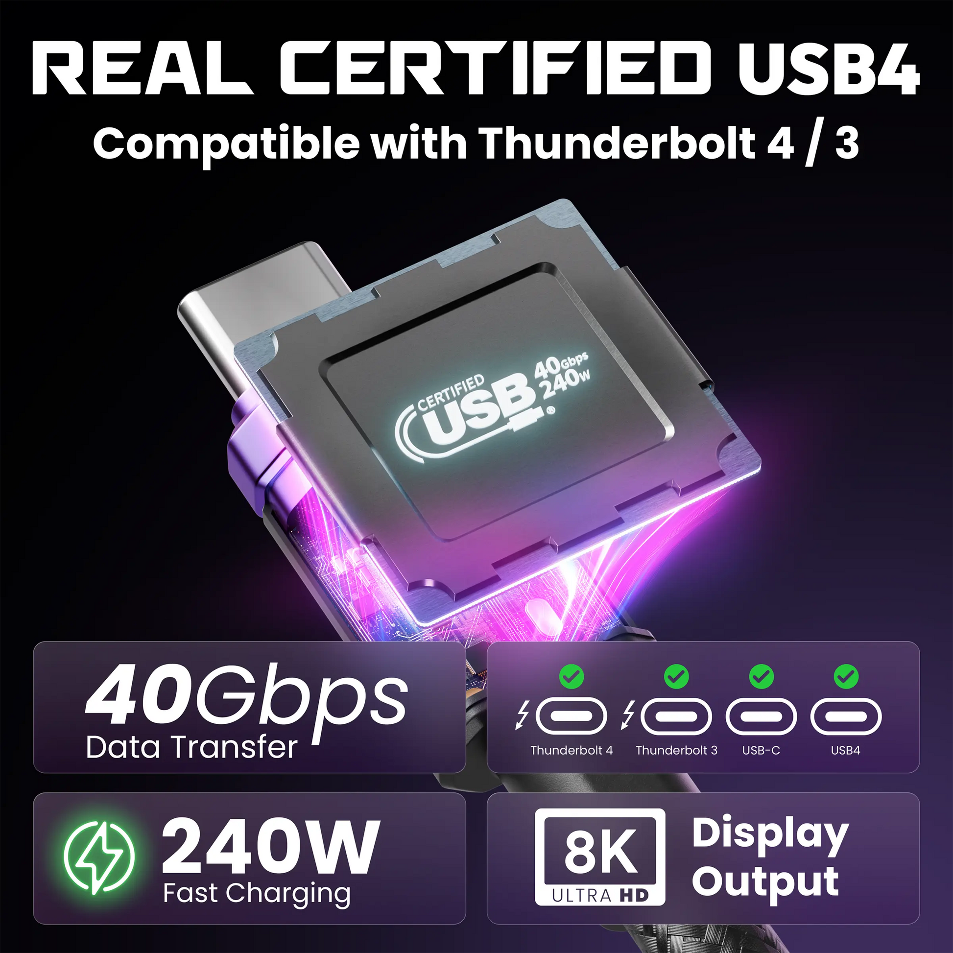 USB 4 certified device with specifications on a dark background