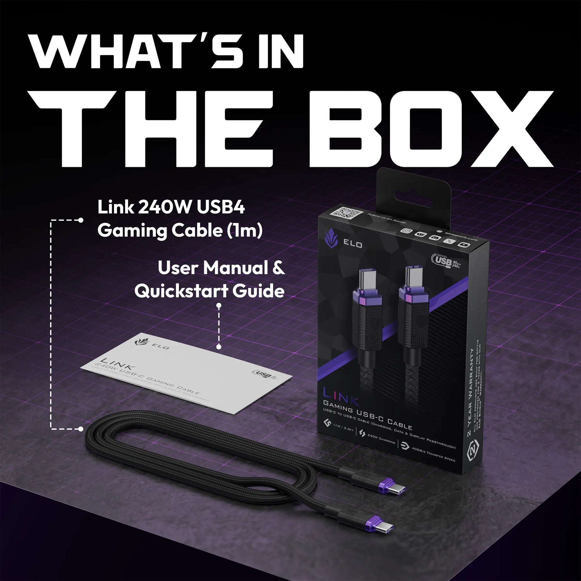 ELO Link 240W USB4 gaming cable what's in the box — 1m USB-C cable, user manual and quickstart guide, retail packaging