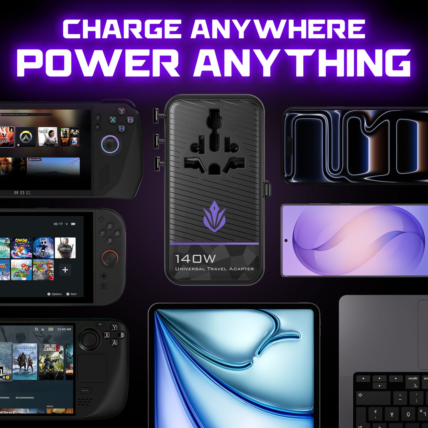 ELO Phase 140W GaN travel adapter charging ROG Ally, Nintendo Switch, Steam Deck, MacBook, iPad, and smartphone simultaneously