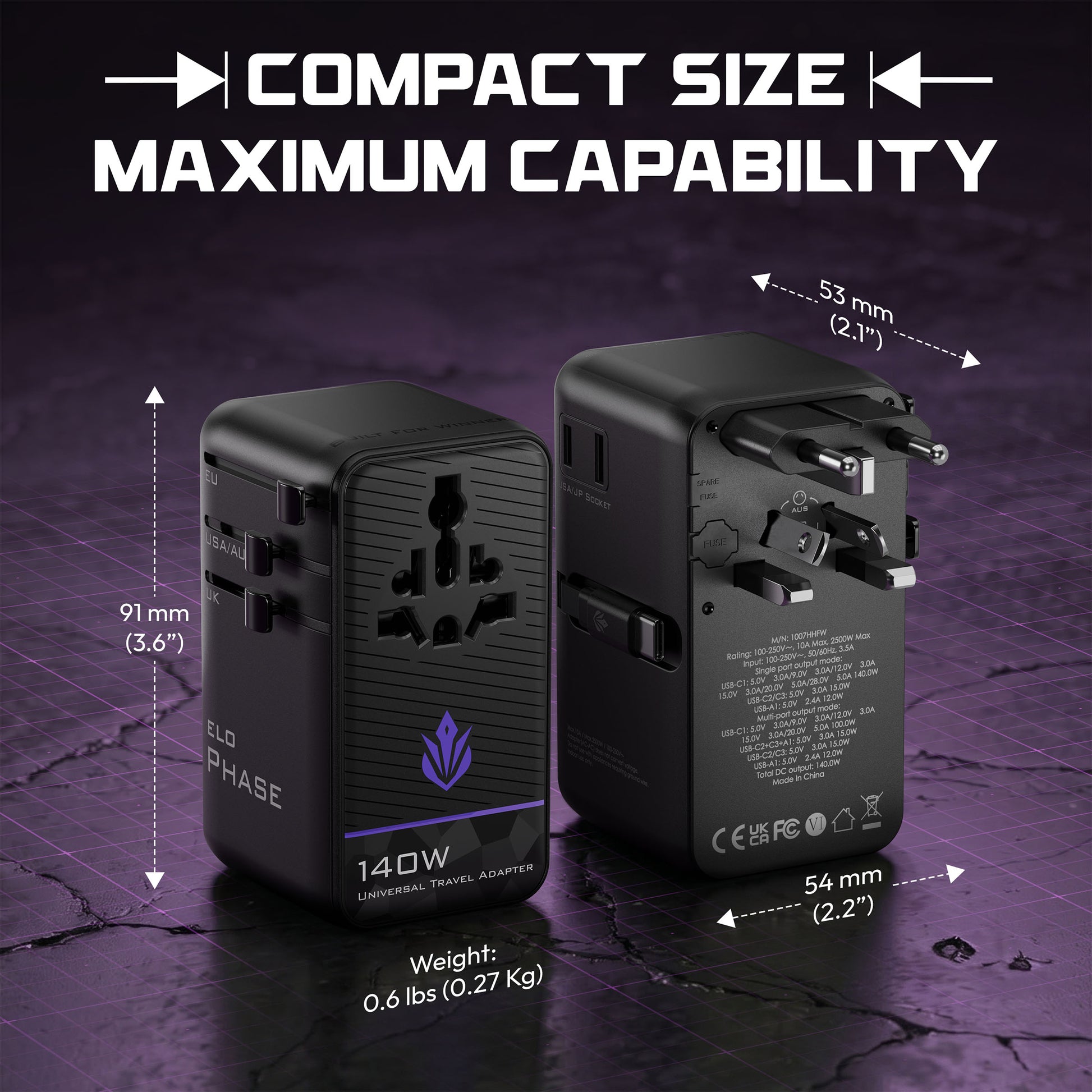 ELO Phase 140W GaN travel adapter compact size — 91mm x 53mm x 54mm, 0.6 lbs, front and back view with EU plug extended