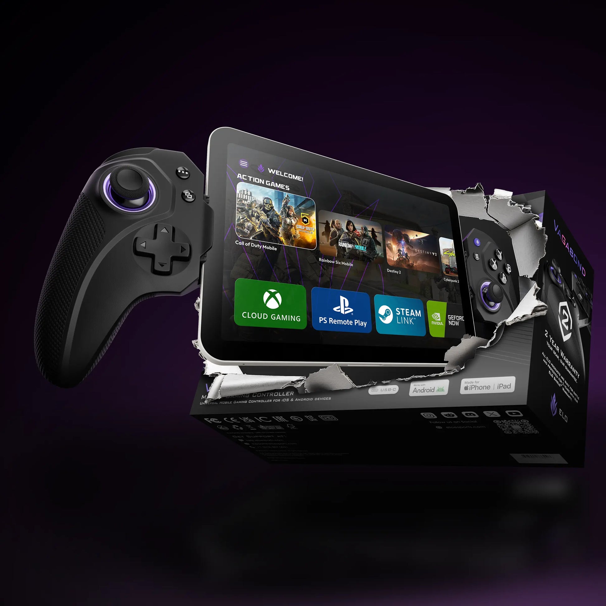 ELO Vagabond USB-C gamepad with retail box showing cloud gaming, Xbox, PS Remote Play, Steam Link, and GeForce Now compatibility
