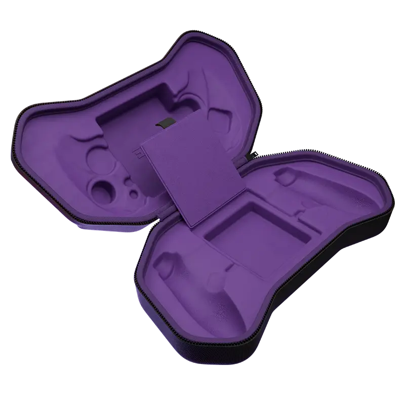ELO Vagabond V1 hardshell case fully open flat showing both purple foam halves molded for controller and accessories