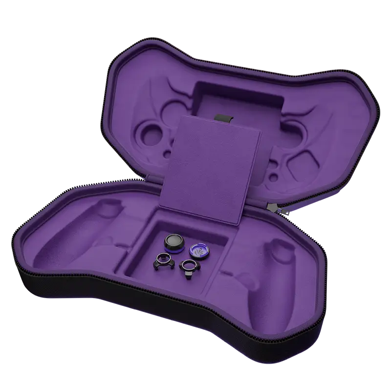 ELO Vagabond V1 hardshell case open with thumbstick accessories stored in purple foam compartments