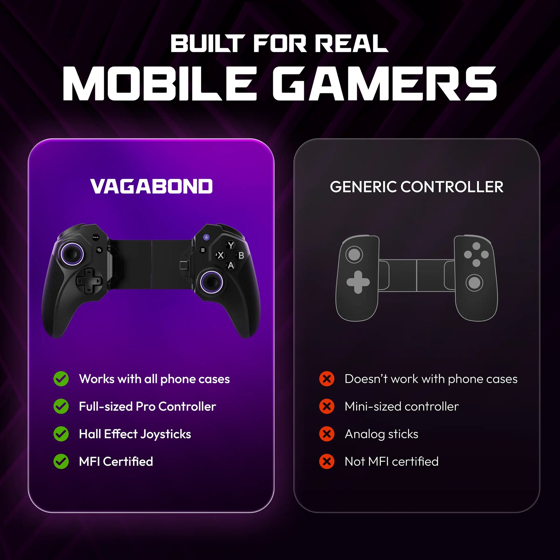 ELO Vagabond vs generic mobile controller comparison — works with phone cases, full-sized pro controller, Hall Effect joysticks, MFi certified