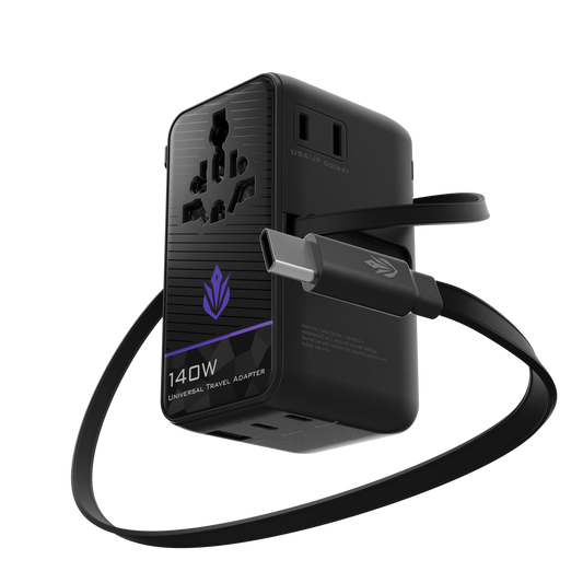 Phase 140W universal gaming travel adapter with GaN fast charging and global plug support for laptops, consoles, and mobile devices.