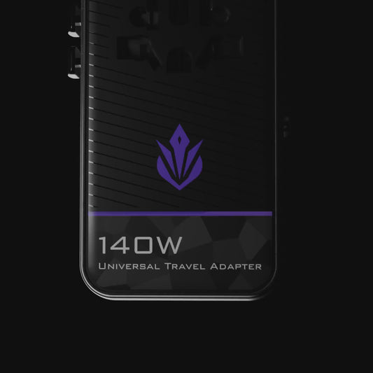 Phase 140W universal gaming travel adapter with GaN fast charging and global plug support for laptops, consoles, and mobile devices.